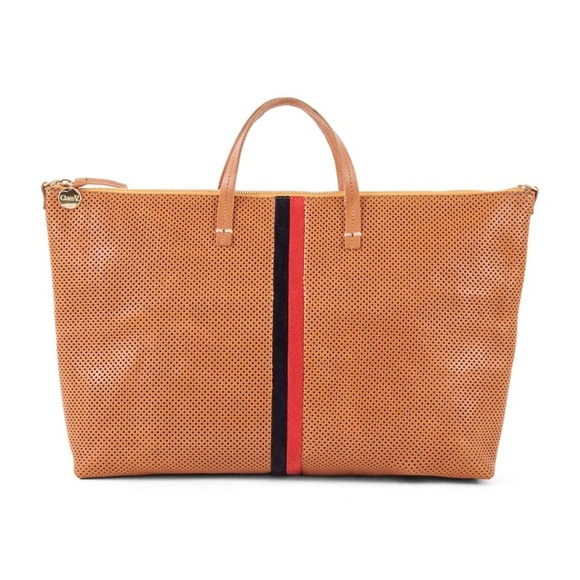 Clare V Attache Cuoio w/ Navy & Red Desert Stripes Perforated Leather Tote